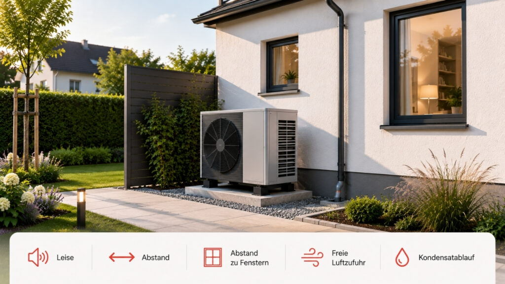 Optimal platzierte Wärmepumpe mit ausreichendem Abstand zu Fenstern und Nachbargrundstück sowie freier Luftzufuhr und geplanter Kondensatableitung.