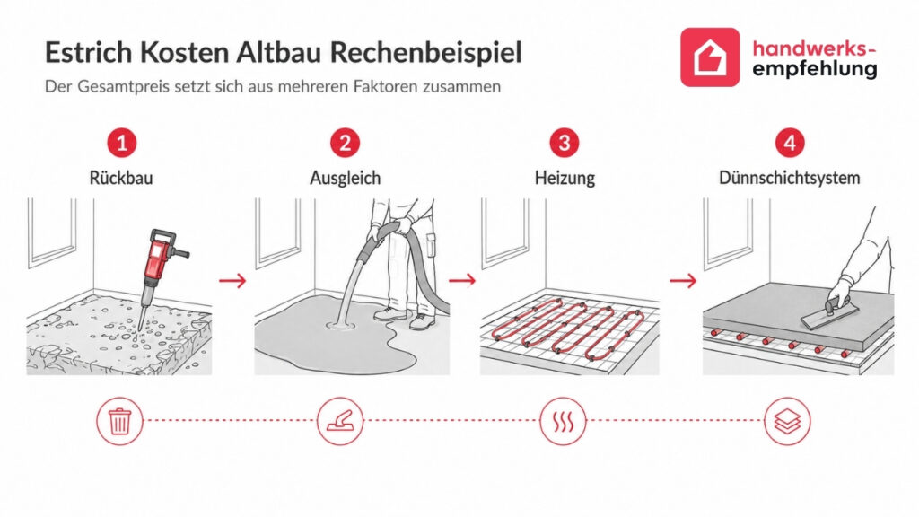 Estrich Altbau Vorgehensweise
Info: vereinfachte Darstellung wurde mit KI erstellt