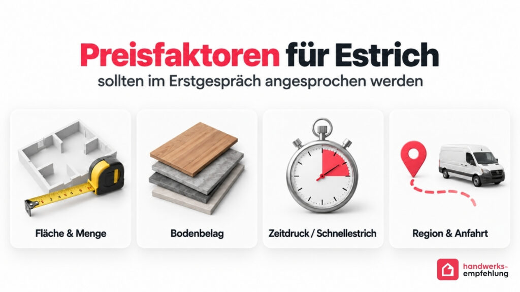 Preisfaktoren f&uuml;r Estrich: Diese Punkte sollten Sie im Erstgespr&auml;ch ansprechen, um ein realistisches Angebot zu bekommen.